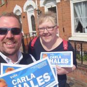 Canvassing - Carla Hales and Darius Laws on the campaign trail in Colchester this week. Picture from @CarlaEllenHales