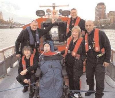 TRIP – William Creasey, 44, a patient at the
Chelmsford-based J’s Hospice, took a day trip on
a Thames fire boat with his carer Rose and
members of the fire crew