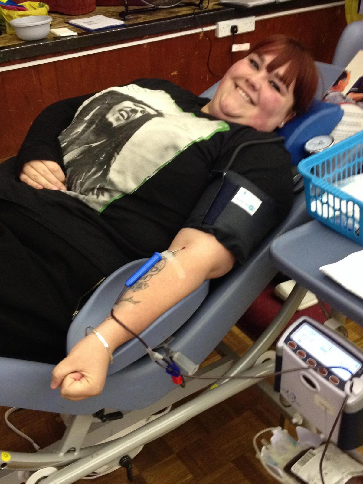Ashley's cousin Natalie gave blood today with her husband James