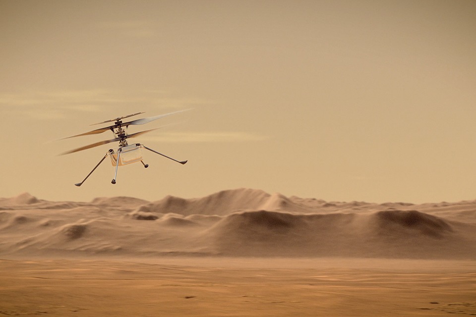 Perseverance carries the Ingenuity helicopter, light enough to fly in Mars thin atmosphere. Credit: NASA/JPL-Caltech