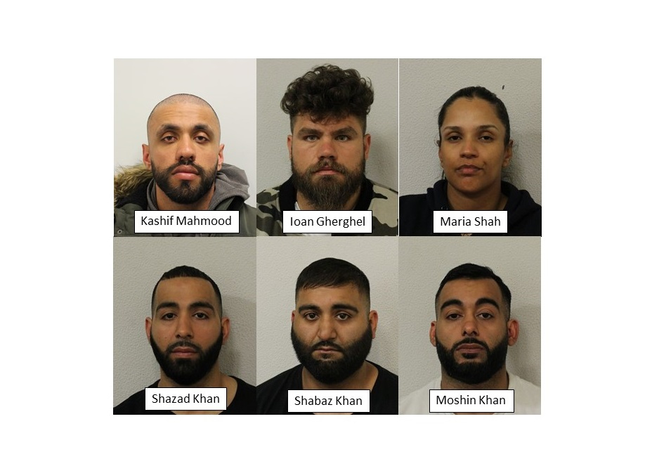 Undated handout photo issued by the Metropolitan Police of Kashif Mahmood, Ioan Gherghel, Maria Shah, Shazad Khan, Shabaz Khan and Mohsin Khan who were all found guilty for their roles in a highly lucrative group who seized at least
