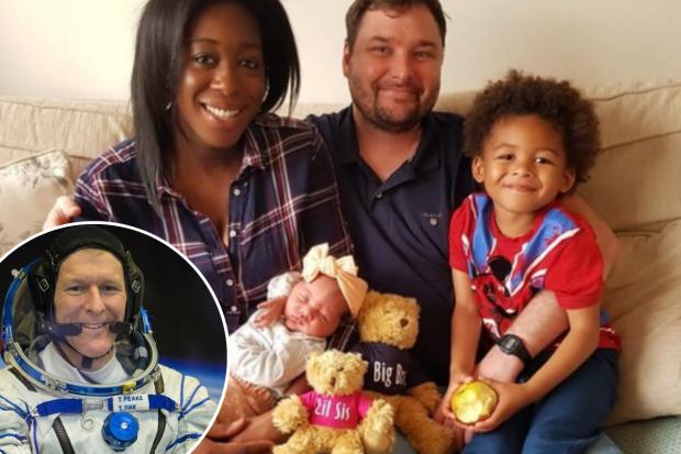 Bobby McCaigue with wife Najette, son Harrison and little Teagan, and (inset) Major Tim Peake