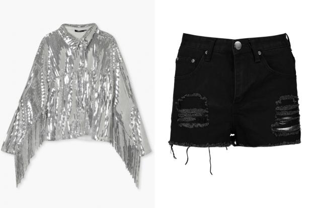 Chelmsford Weekly News: (Left) Sequin Fringe Detail Shirt and (right) Petite High Rise Distressed Denim Shorts (Boohoo/Canva)